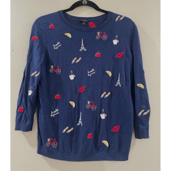 Talbots Embroidered Paris Motif Sweater Women Multicolor Lightweight Eiffel Towe - Picture 1 of 5